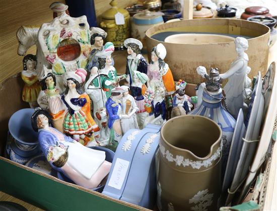 A quantity of Staffordshire figurines, Wedgwood Jasperware, Spode, Italian etc
